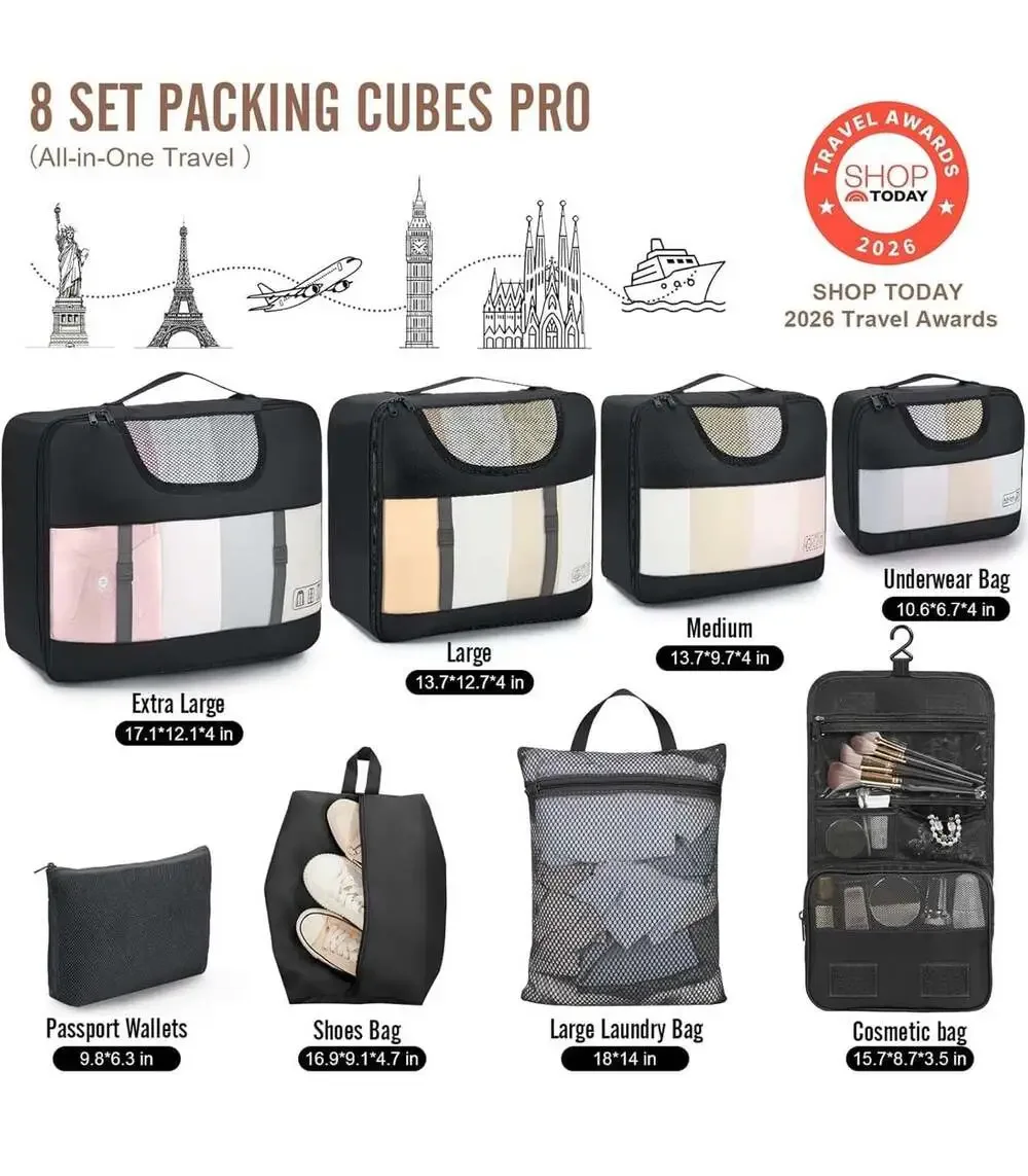 Veken 8-Piece Travel Packing Cubes Set with Hanging Toiletry Bag and Shoe Bag